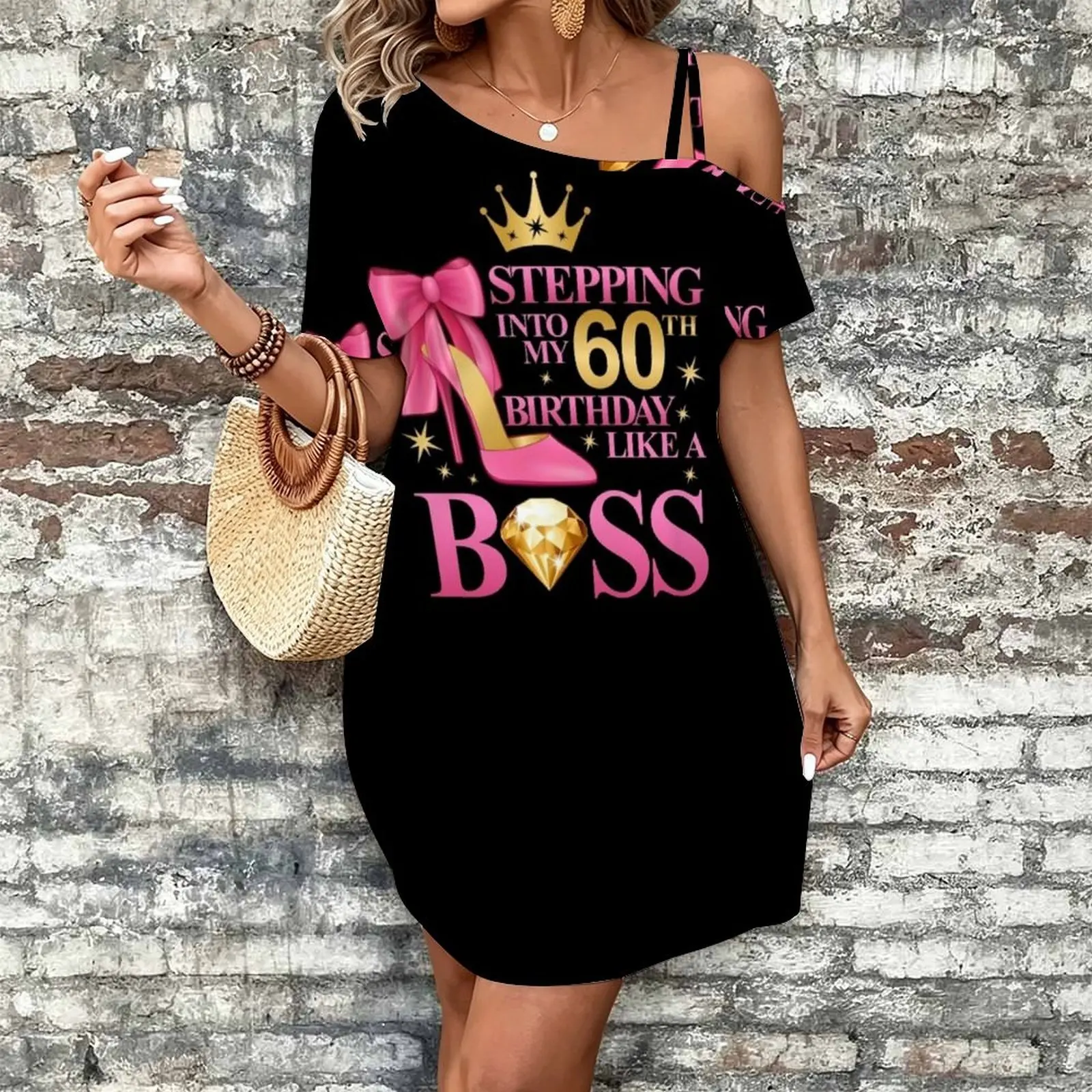 60th Birthday design. Stepping into my 60th Birthday lady’s Women's Slanted Shoulder Single Strap Short-Sleeved Dress