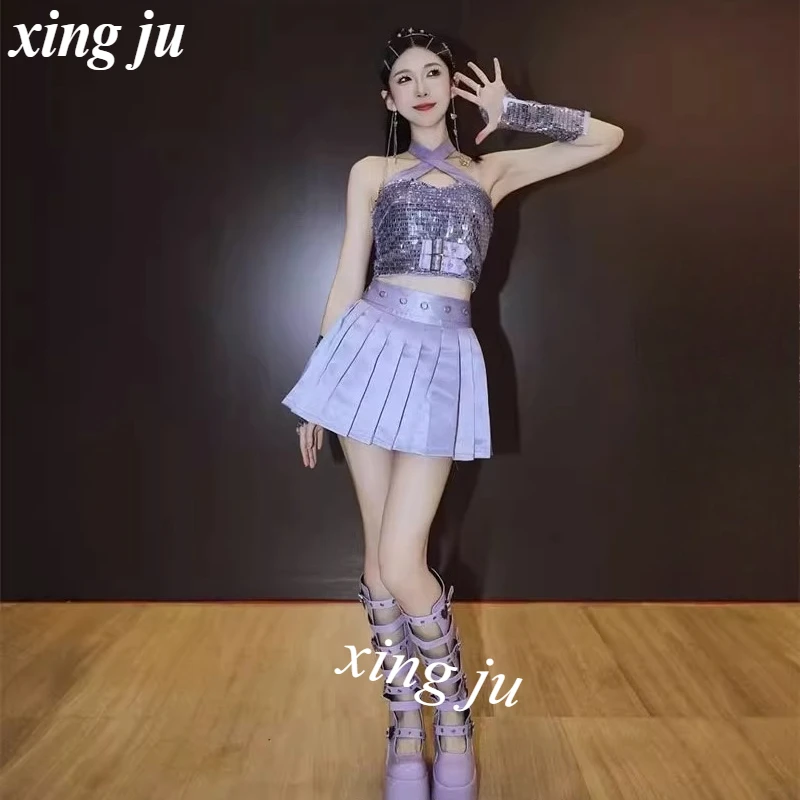 Korean Women Group Kpop Outfits Purple Sequined Halter Vest Slim Crop Tops  Sexy Pleated Short Skirt Women DJ Stage Jazz Costume