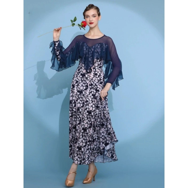 

New Printed Modern Dance Dress Ballroom Dance Costume Waltz Practice Big Swing Skirt