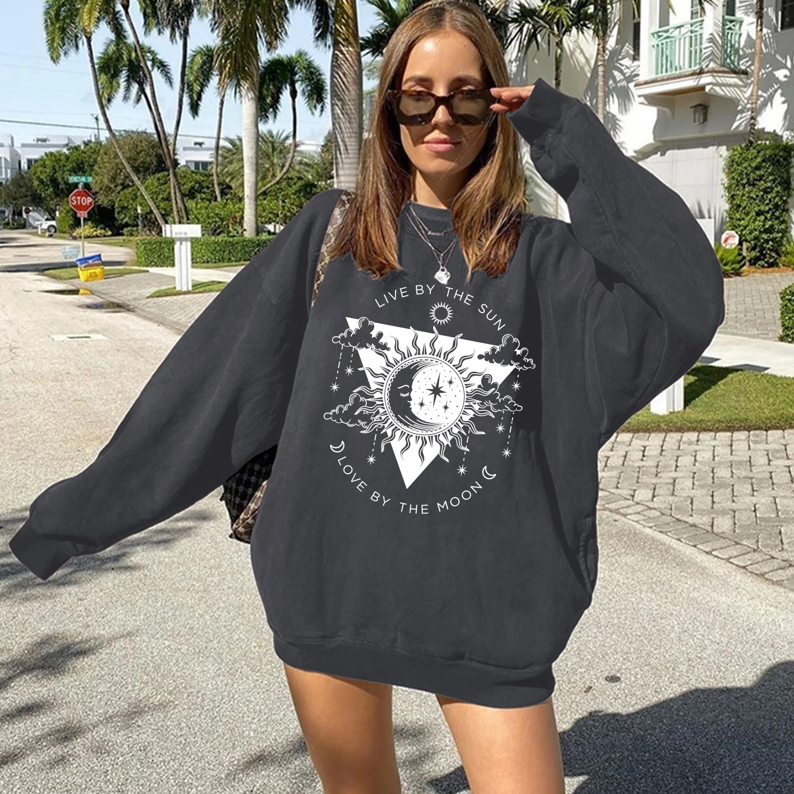 Seeyoushy LIVE BY THE SUN LIVE BY THE MOON Sun Moon Printed Ladies Top Y2K 2023 Trend Streetwear Autumn Winter Ladies Hoodie