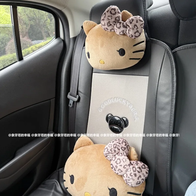 

Черная кожаная подушка с леопардовым принтом и бантом Hellokittys, автомобильный подголовник, защитная подушка для шеи, подушка для сиденья Four Seasons, товары для интерьера автомобиля