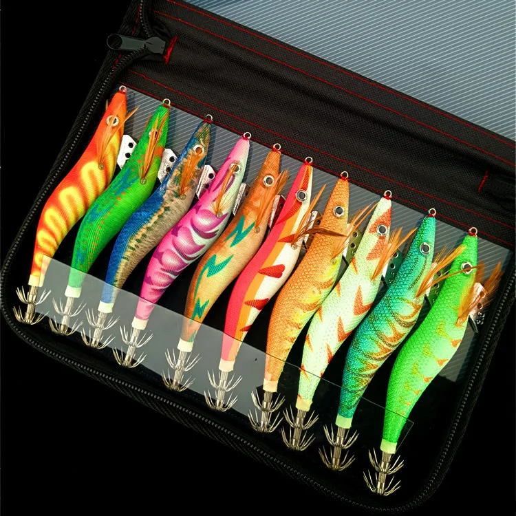 10Pcs 12g-21g Squid bait Wooden Shrimp Lead jig hook Fishing Octopus Lures Cuttlefish Artificial luminous jigging lure with bag