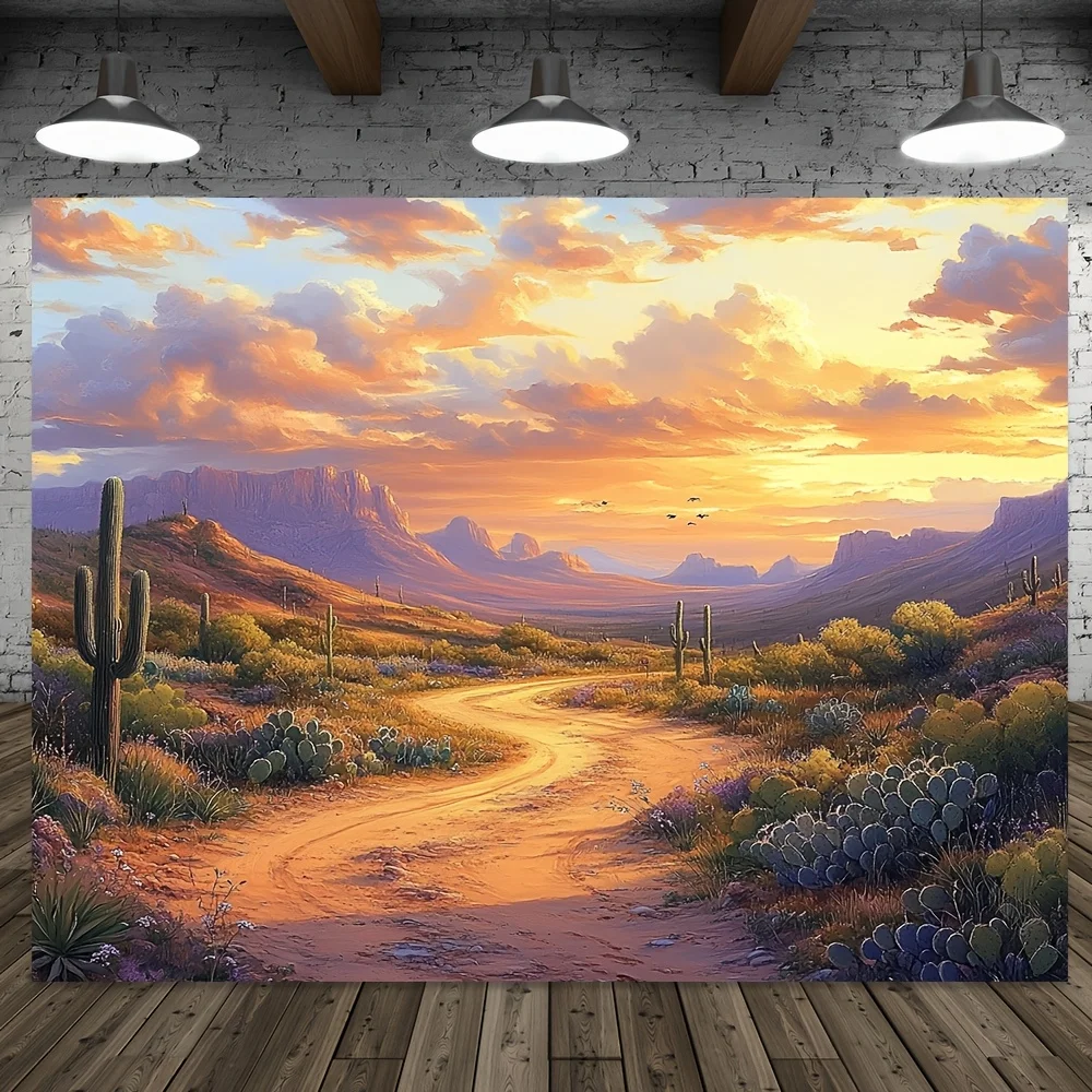 Desert Sunset Tapestry with Cacti, Winding Road and Mountain Range 180x280cm Wall Decor aesthetic room decor