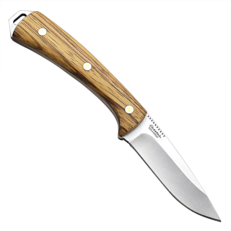 HARNDS Cheetah HK3118 Fixed Blade Knife with Zebra Wood Handle Leather Sheath Outdoor Camping Tactical Hunting Survival EDC Tool