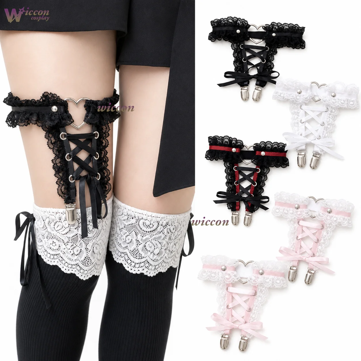 Halloween Anime Cosplay Kostüm: Jirai Kei Gothic Sweet Style mit Spitzenherzriemen & Beinriemen