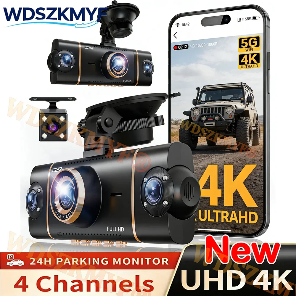 

4K-видеорегистратор с четырьмя объективами и Wi-Fi, 360-градусный обзор ° Автомобильный видеорегистратор с круглосуточным мониторингом парковки, ночным видением Starlight, аксессуар для безопасности автомобиля