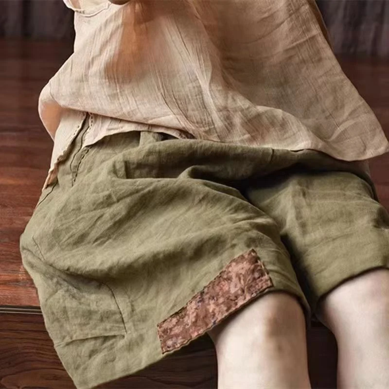 Pantaloni corti da donna in lino di cotone oversize con toppa stile etnico retrò Pantaloncini da spiaggia casual a vita alta estivi