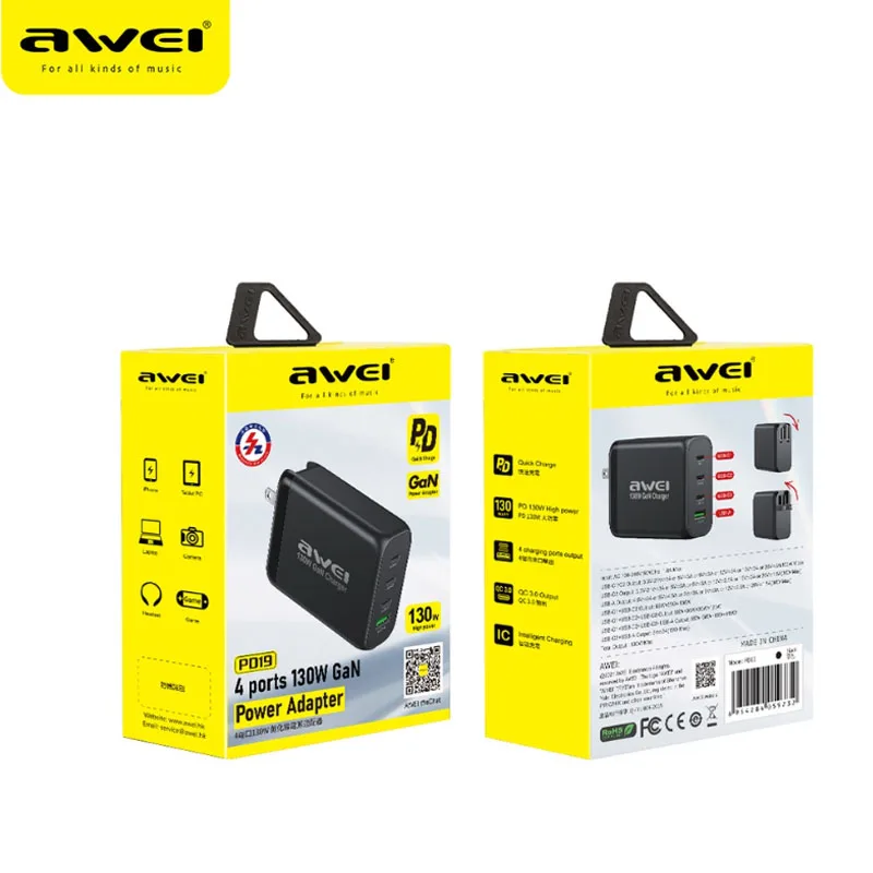 Awei PD19 130W GaN Charger 4 Ports PD3.1 Fast Charger Type C GAN 100W chargers USB A 30W With UK EU Plug for iPhone Samsung iPad