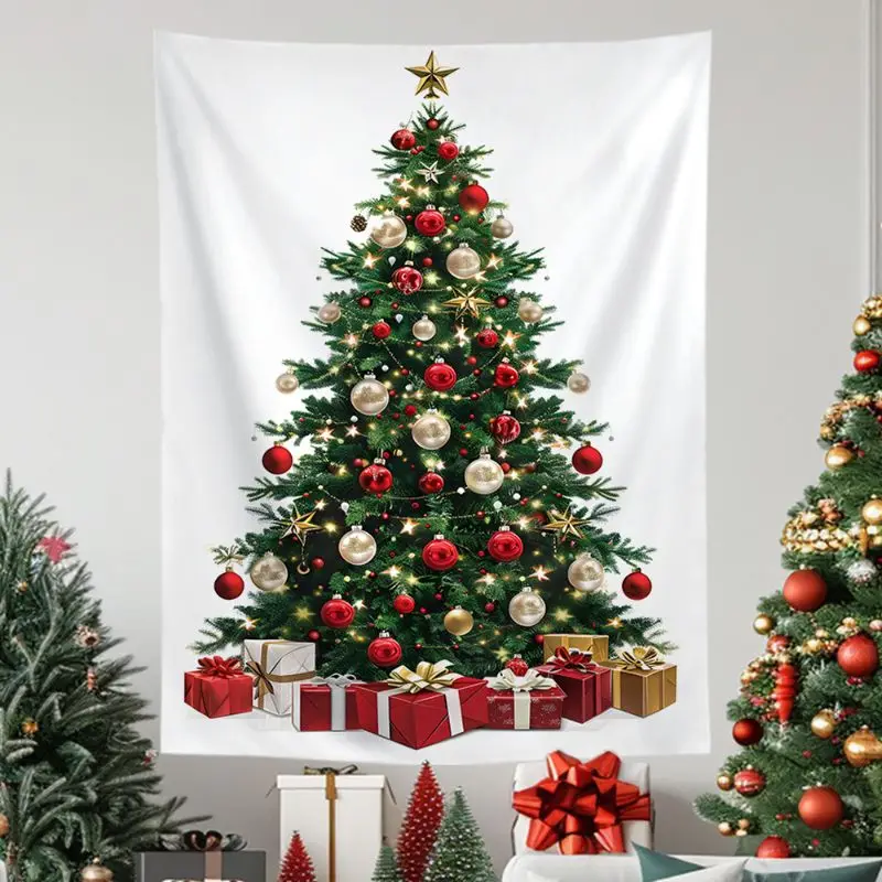VIKAMA Wall Tapestry Merry Christmas Painted Tree Gold Star Red Green Ornaments Home Decor Living Room Bedroom Dorm Festive Soft