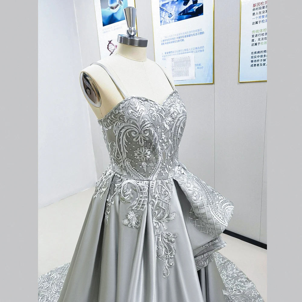 2024 Royal Silver High Low Lace Prom Dresses Appliques Pearls Long Gowns Ruffles Beaded Formal Party Evening Dresse for Women