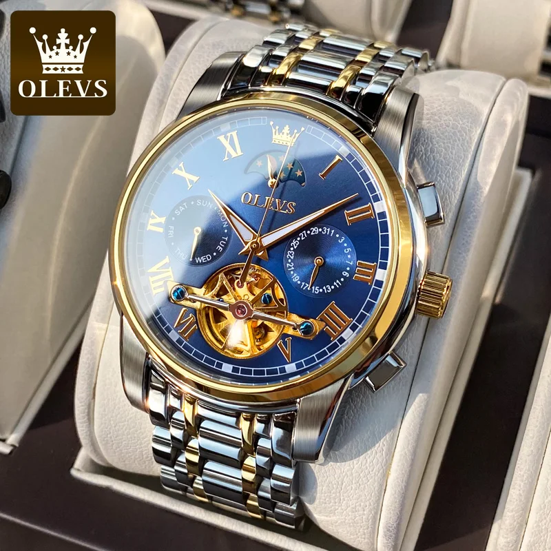 

OLEVS 6617 Automatic Watch for Men Skeleton Tourbillon Design Stainless steel Moon phase Date Wristwatch Top Brand Fashion Watch