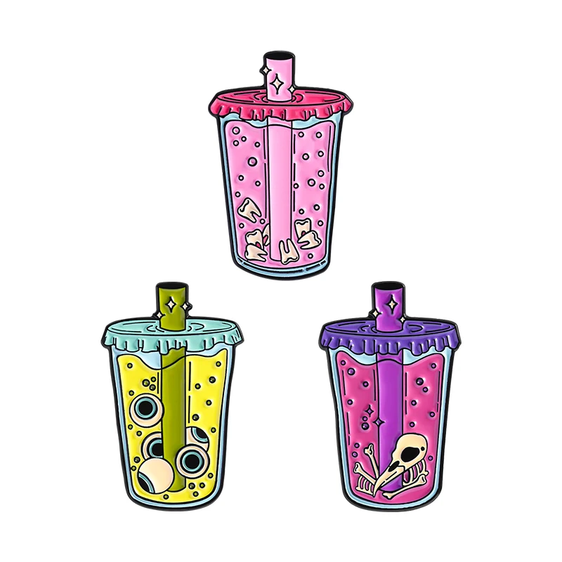 

Halloween Horror Juice Enamel Pins Custom Skeleton Teeth Eyeballs Milk Tea Brooches Lapel Backpack Badges Jewelry Friends Gift