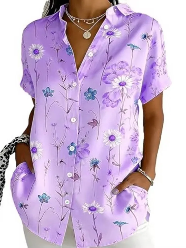 Women Floral Satin Blouse Women's T-shirt Lapel Collar Short Sleeves Button Down Floral Print Loose Plus Size Pocket Casual Tops