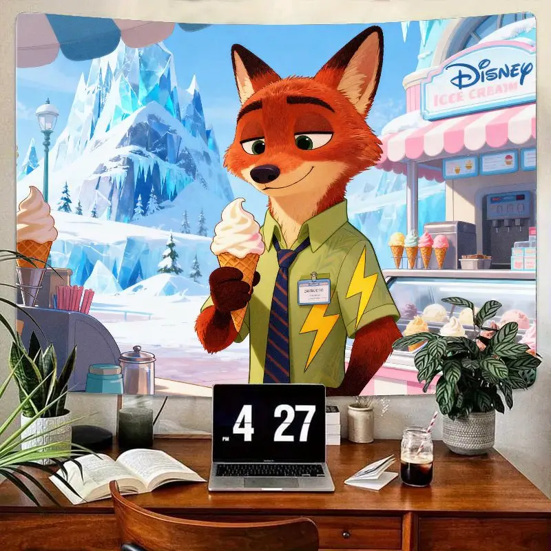 

1PC Disney Zootopia Nick Wilde Fox Ice Cream Tapestry Modern Polyester Wall Art Home Decor Bedroom Living Room Gift for Fans