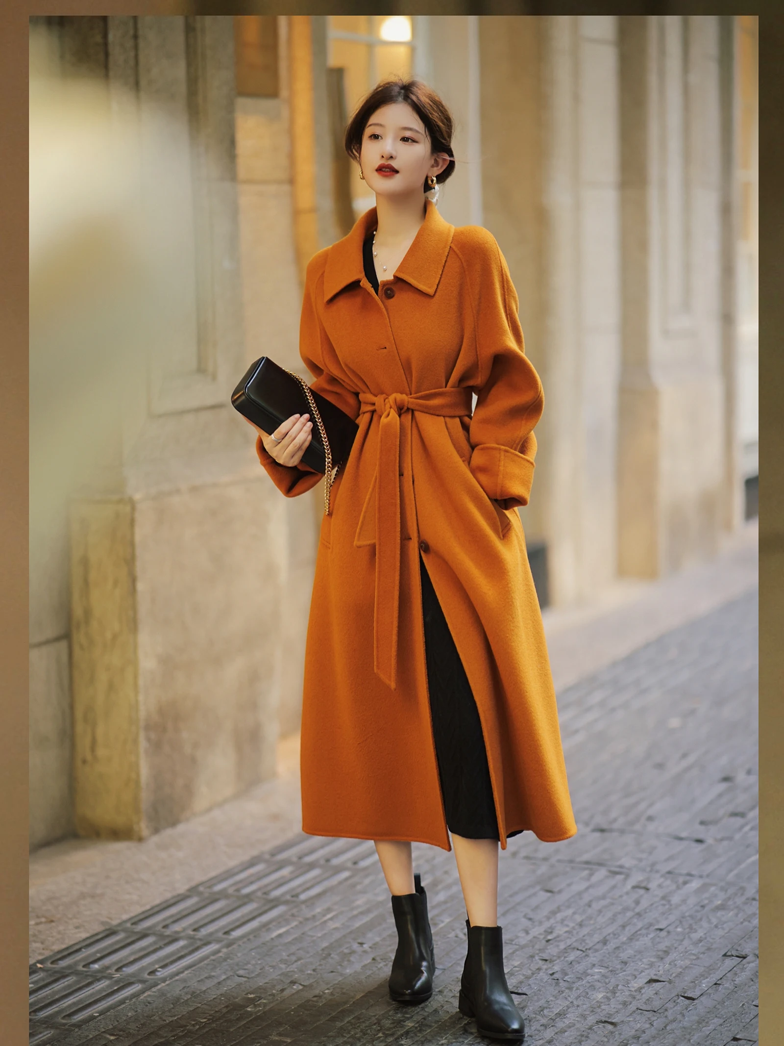 

Двустороннее шерстяное оранжевое пальто Zhaodaxi прямого кроя с отложным воротником в университетском стиле, женская верхняя одежда для весны, осени и зимы