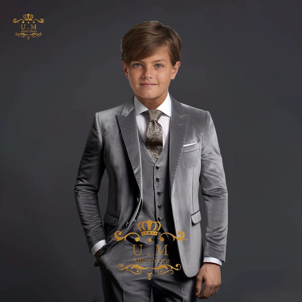 Premium Boys Suit Jacket Vest Pants 3 Pieces Elegant Velvel Set Slim Fit Age 2-16 Custom Clothes for Child Tuxedo Wedding Party