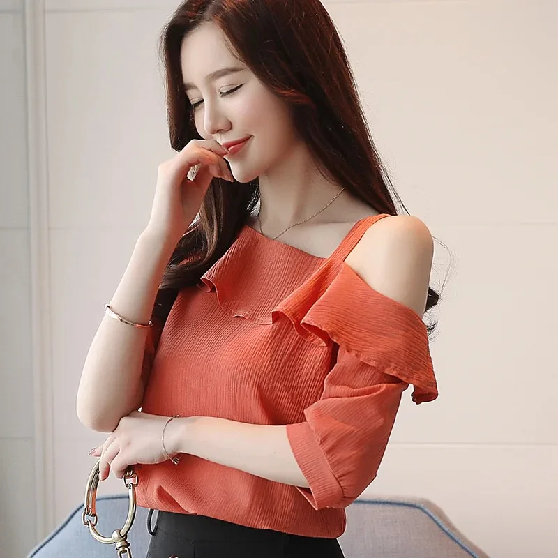 Women's Shirt Tops One-Shoulder Strap Ruffles Short-sleeved Chiffon Blouse Half Sleeve Off Shoulder Tops Casual Ladies Blusa