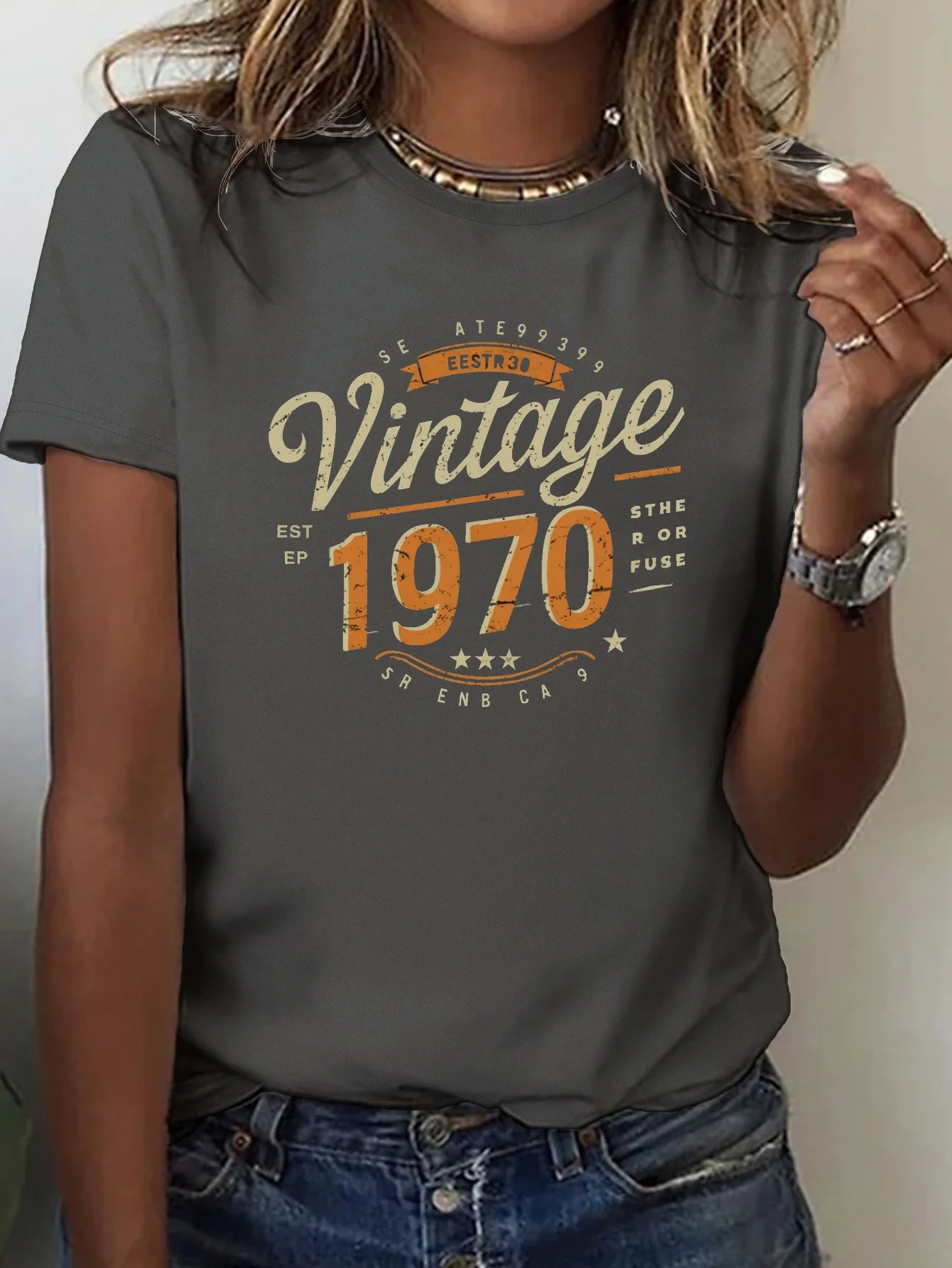 Vintage 1970 Print Crew Neck Tees Casual Short Sleeve T-Shirt For Spring  Summer Women's Clothing