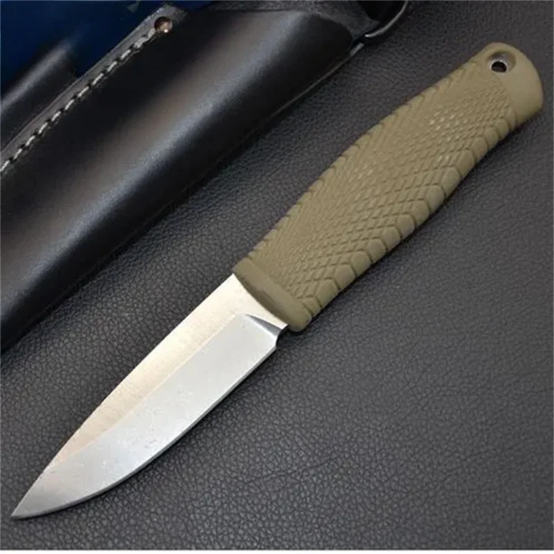 Fixed Blade BM 200 Knife D2 Blade Rubber Plastic Handle Tactical Self-defense Portable EDC Outdoor Tools,with Leather Sheath