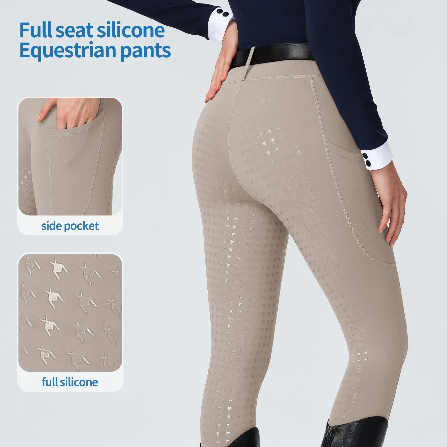 Women High Waist Houndstooth Full Seat Silicone Riding Breeches Breathable Anti-slip Wear-resistant With Deep Side Pockets