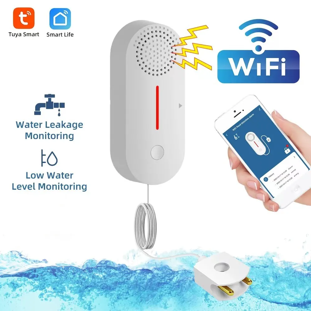 Tuya WiFi Smart Water Leak Sensor Water Overflow Level Detector Security Sound Alarm System Flood Leakage Sensor Remote Monitor