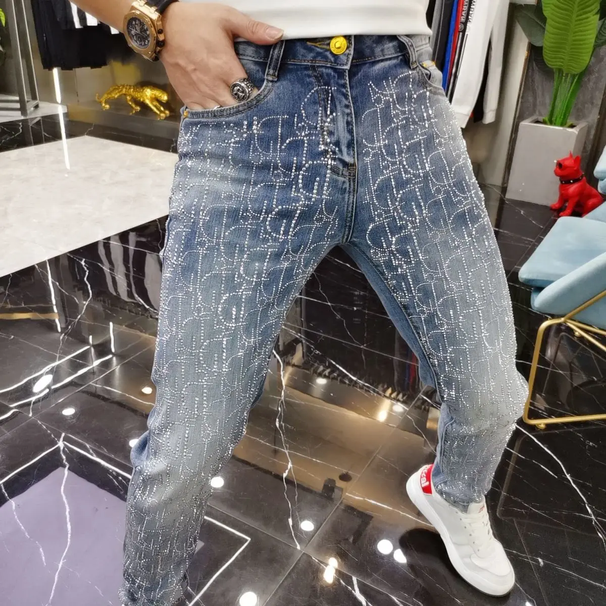 Rhinestones  Men's  jean Casual  Comfortable High Quality  Male pants 2024 hot sale