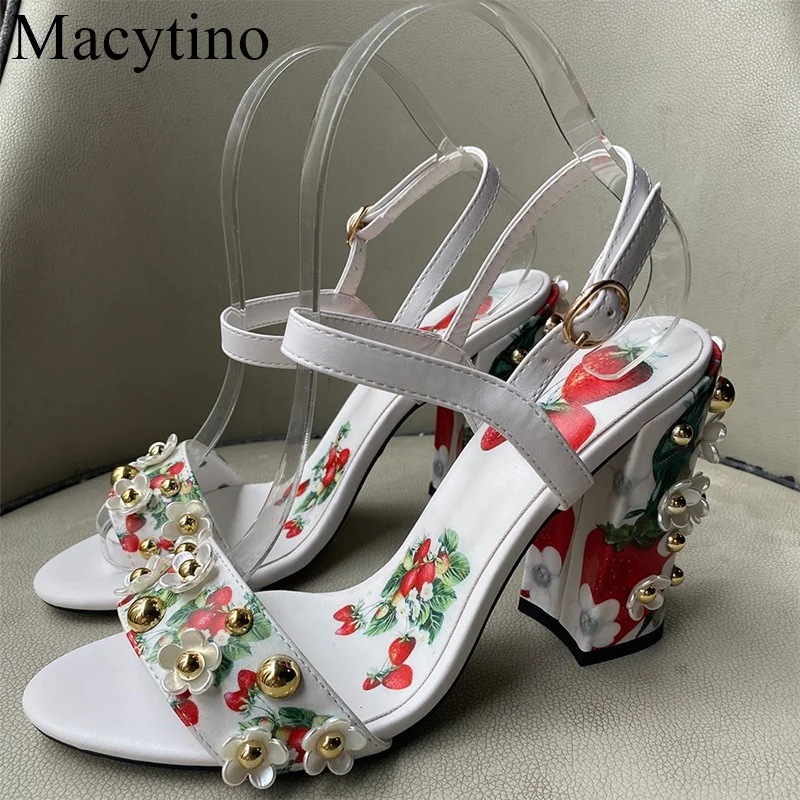 New Style Summer Women Retro Ethic Sandals White Flower Pearl High Heel Fashion Casul  Ladies Shoes Strawberry Print