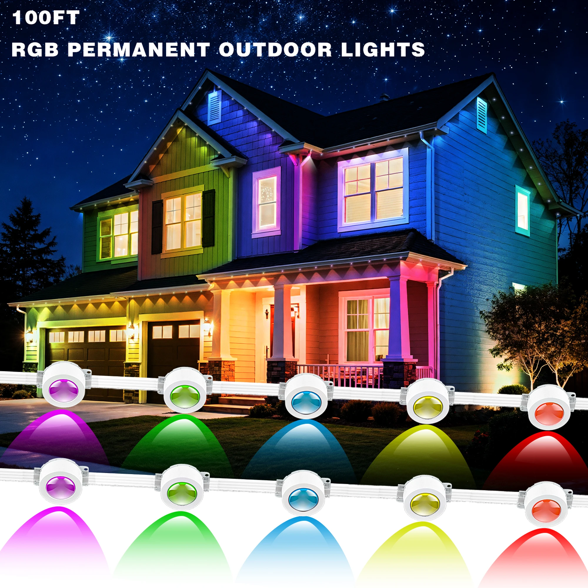 Permanent Outdoor RGB Lights 100FT, IP67 Waterproof Smart Eave Lighting, with App/Remote Control Eaves Light, DIY LED Scenes Modes for House Roof Decor,Party