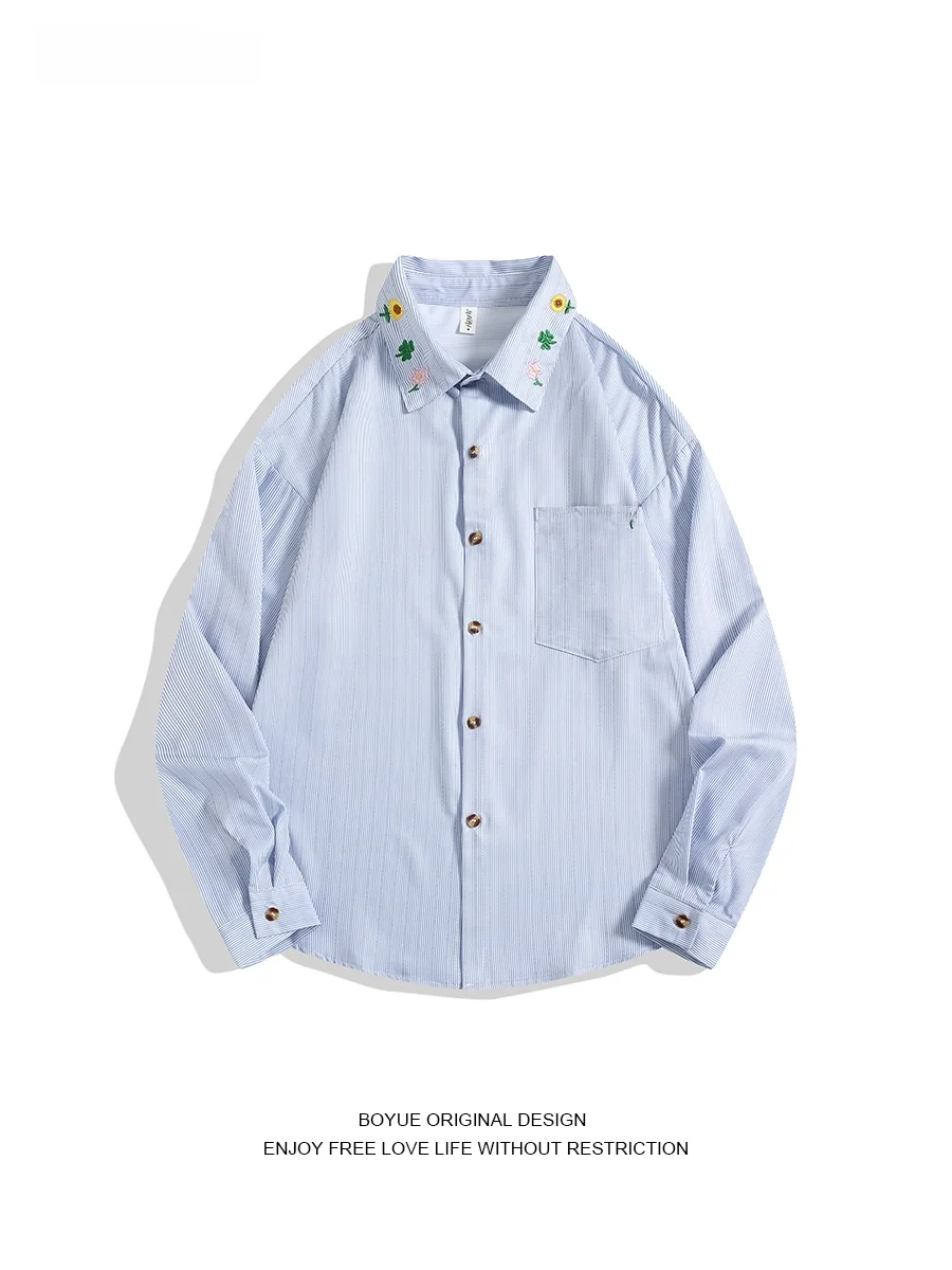 

Boyue Japanese Sle Embroidered Striped irt Casual ex Lightweight Outerwear Men's Women's Spring Faion Long Sve