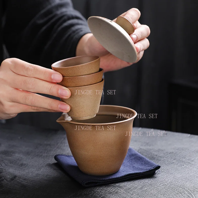 Rough Pottery Portable Travel Tea Set Camping Outdoor Travel Tea Cup One Pot Three Cups Tea Set