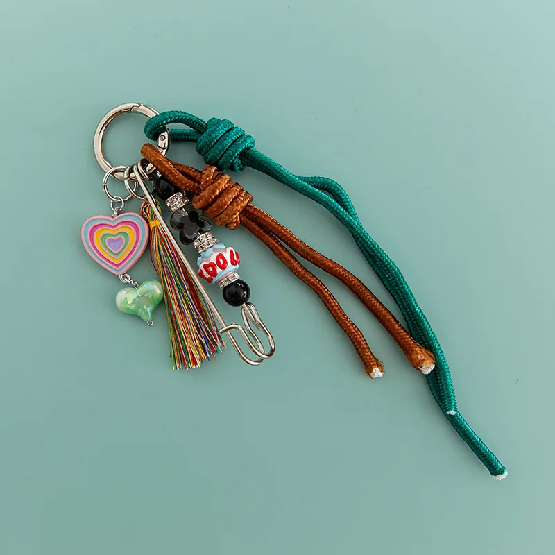 Y2K Woven Rope Keychain Bag Decoration Hanging Keychain Korean Style Acrylic Bead Heart Tassel Phone Case Bag Charms