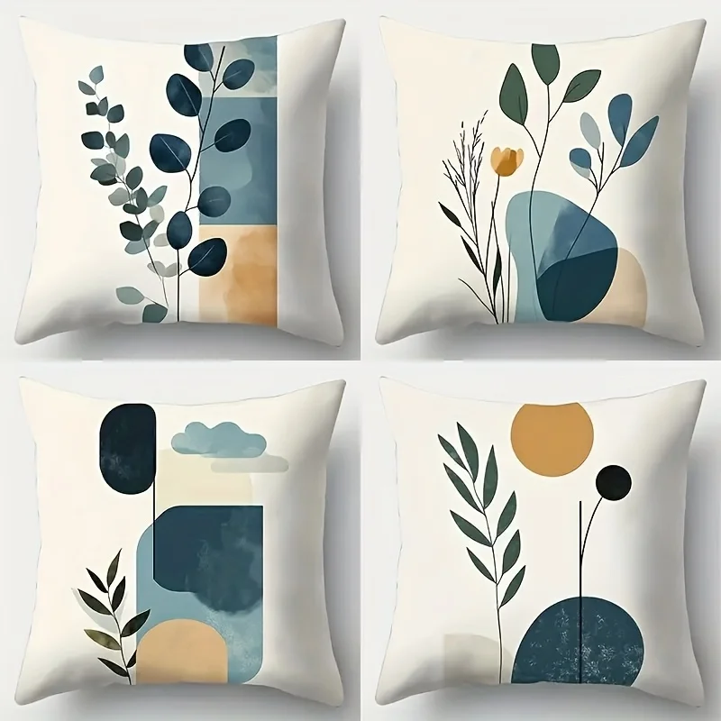 4 piezas de fundas de almohada de estilo nórdico fresco, 18x18 pulgadas - Con elementos vegetales, formas geométricas coloridas