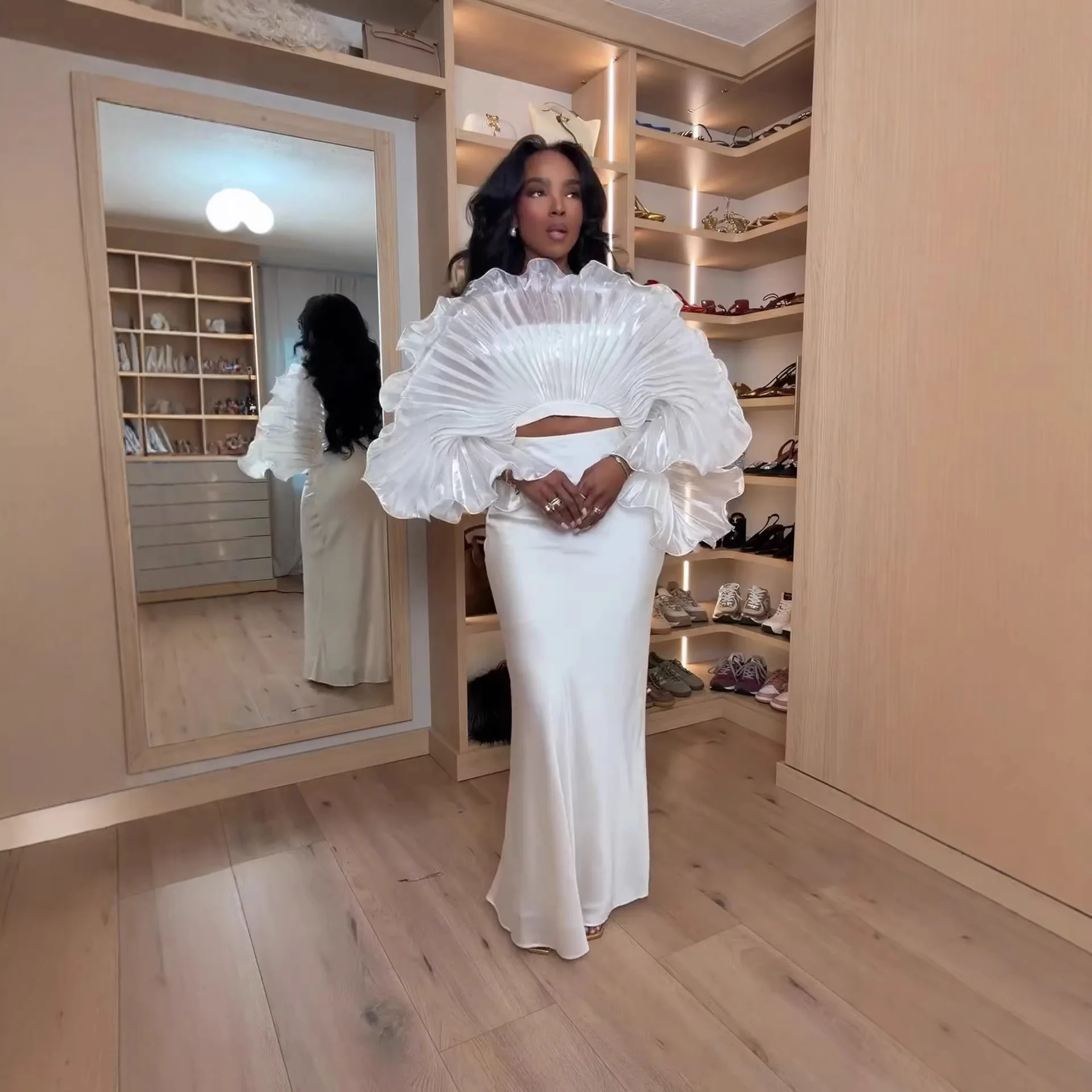 

White Pleated Ruffle Crop Top Women Oversized Fan Sleeve Stand Collar Elegant Formal Evening Party Blouse