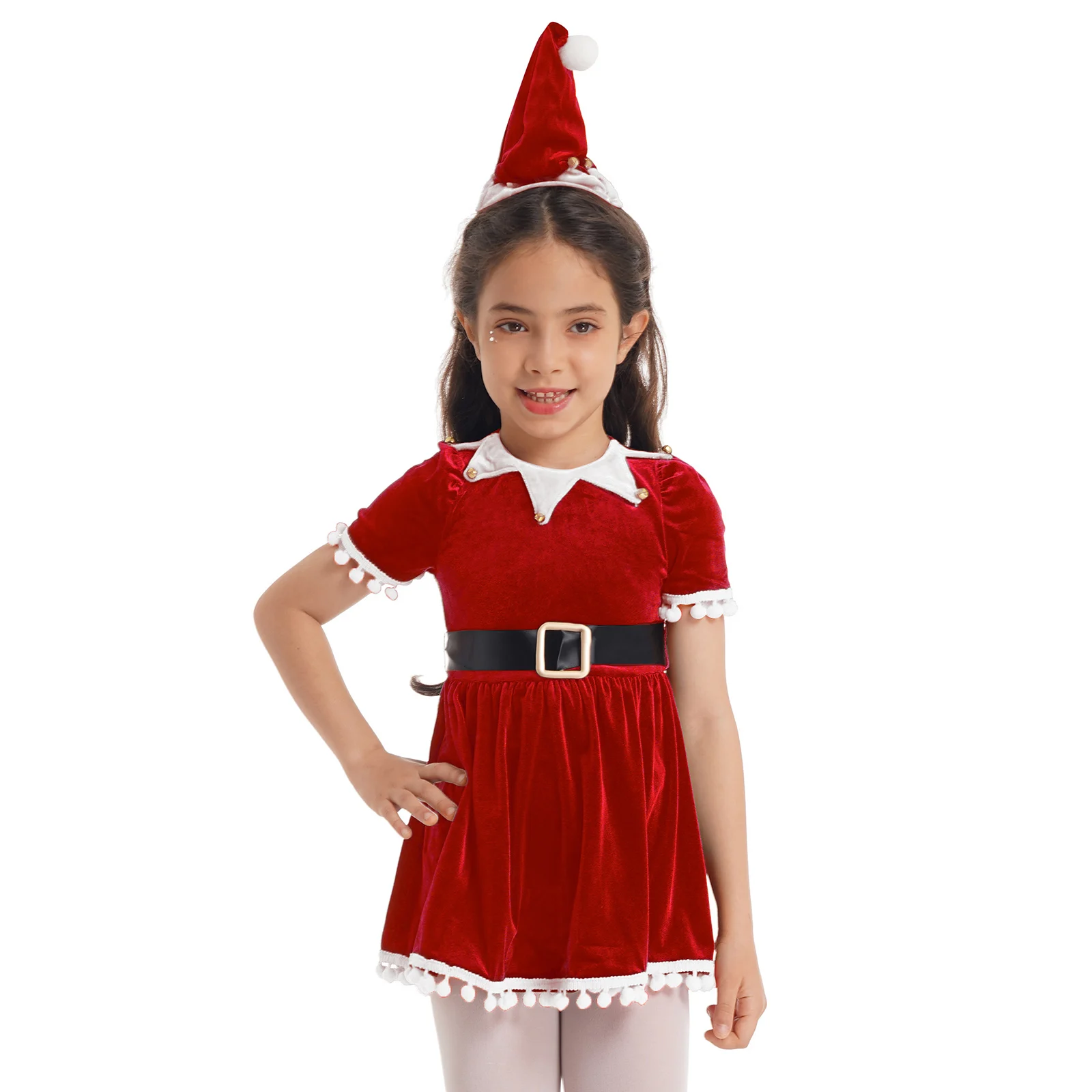 Kids Girls Christmas Costume Tassel Sleeves Clown Collar Fringe Border Red Velvet Dress with Santa Hat And Belt Christmas Dress