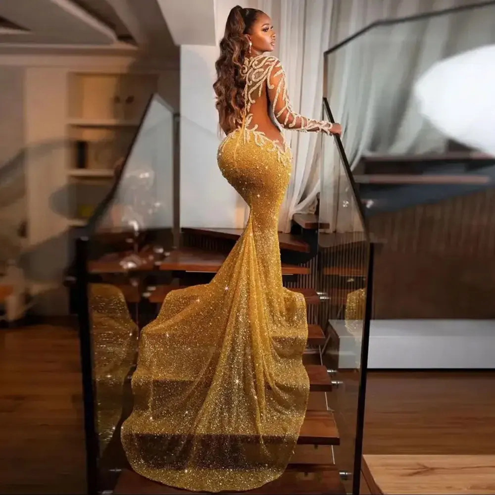2023 Lace Applique Beaded Evening Dresses Gold Sequined Women Luxury Party Dress Mermaid Formal Prom Gowns Celebrity Gala Robe