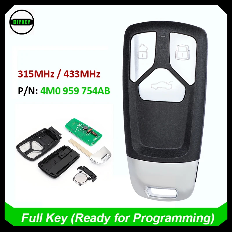 DIYKEY 3 Button Black Smart Remote Key Fob 315MHz 433MHz for Audi TT A4 A5 Q5 Q7 2016 - 2019 4M0959754AB / 4M0 959 754 AB