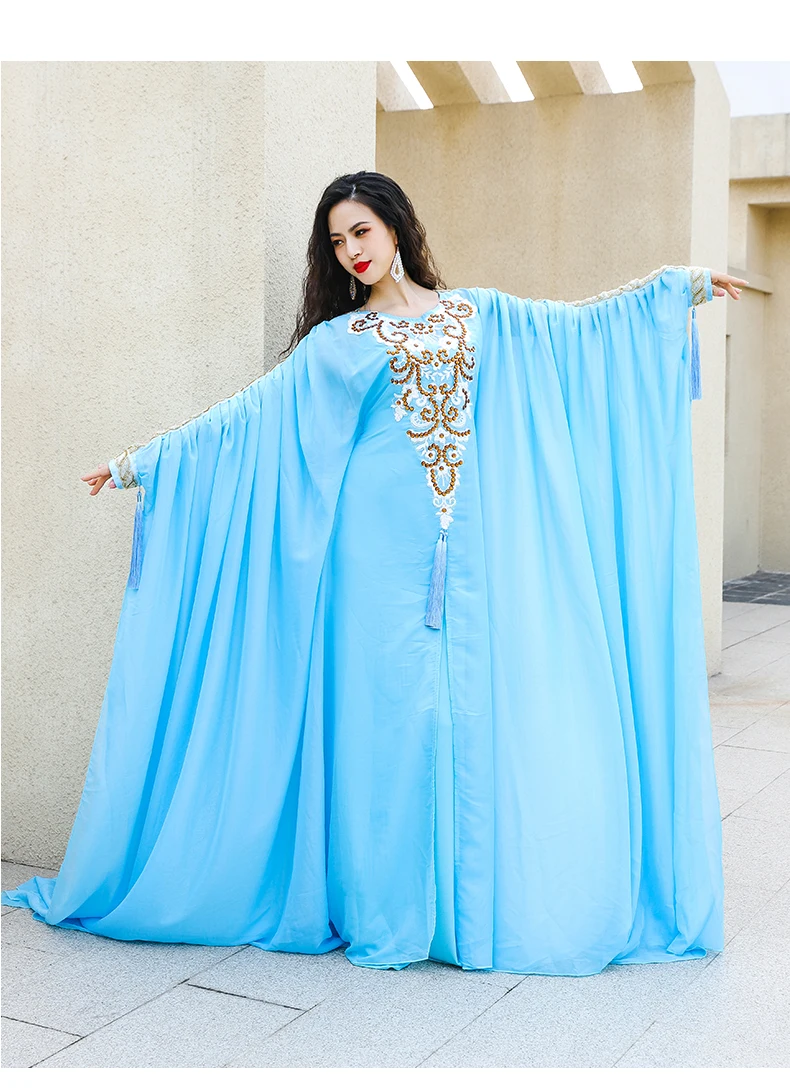 Elegant Traditional Khaleeji Thobe Dress Chiffon Belly Dance Outfit Kaftan Dress Rhinestone Beads Competition Khaleegy Costume