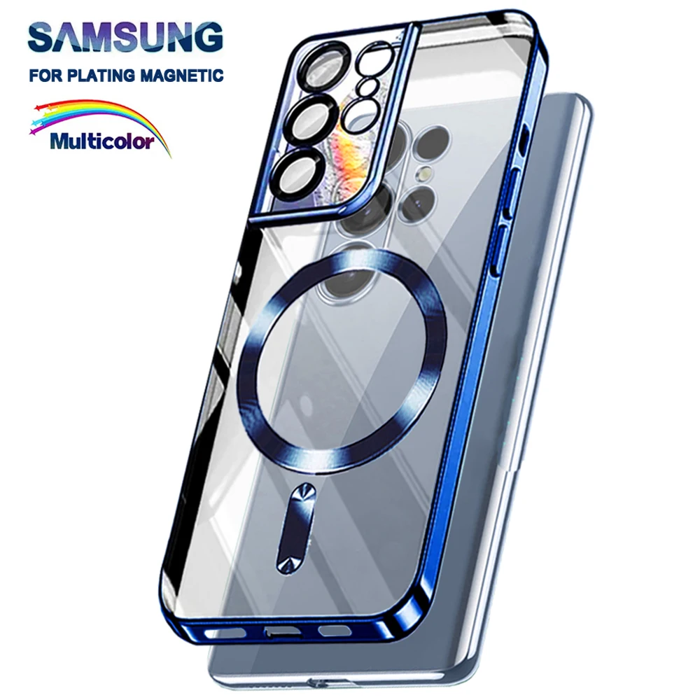 Original Electroplatização Bordo Direto Silicon Case Para Apple Magsafe Capa Samsung Galaxy S25 Edge S21 S23 Fe S22 Plus S24 Ultra Capinha 10K Glass Camera Protection Imã Sem Fio Estojo