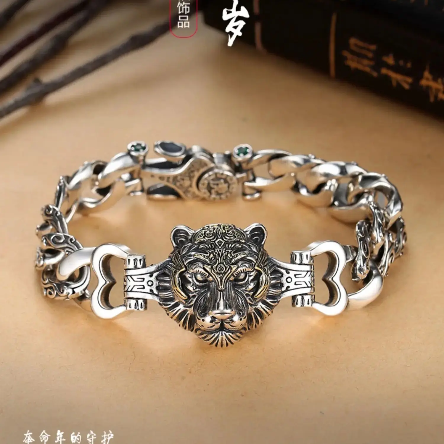 Original China-Chic New Product Hegemony Versatile Tiger Head Bracelet Sterling Silver Men's Rotating Pearl Fashion Personality