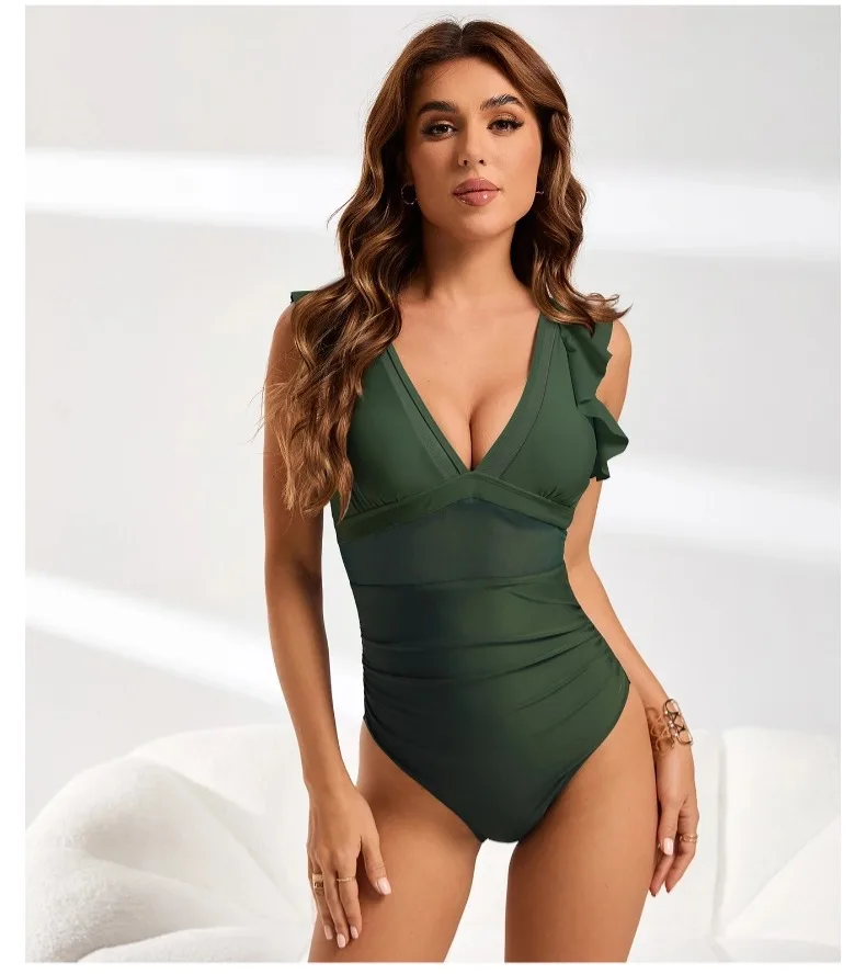 2025 neue Einfarbig Rüschen Mesh Badeanzug Spleißen einteiliges Badeanzug Weibliche Sexy Tiefe V Geraffte Bikinis