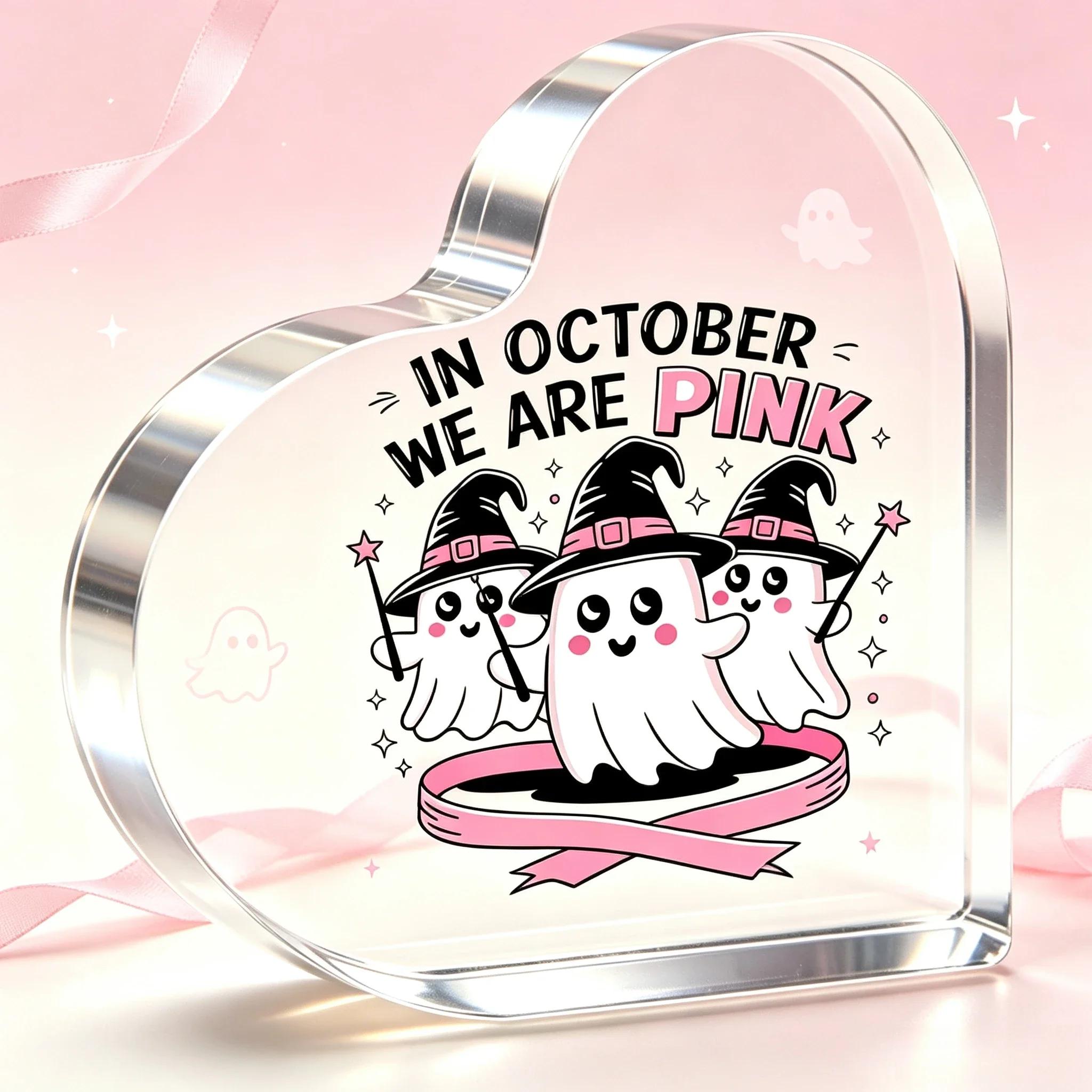 Cute Witch Ghost Pink Ribbon Heart Acrylic Sign, October Awareness Table Ornament,Halloween Decoration