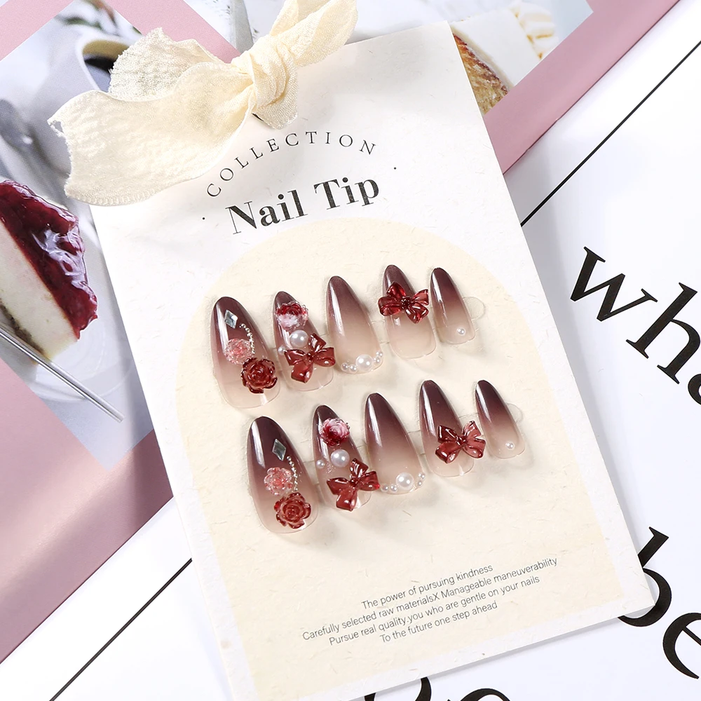 24Pcs Gradient Red Almond Fake Nails High Glossy Medium False Nail Tips Full Cover 3D Bow/Flower/Pearl Wearable Press On Nails