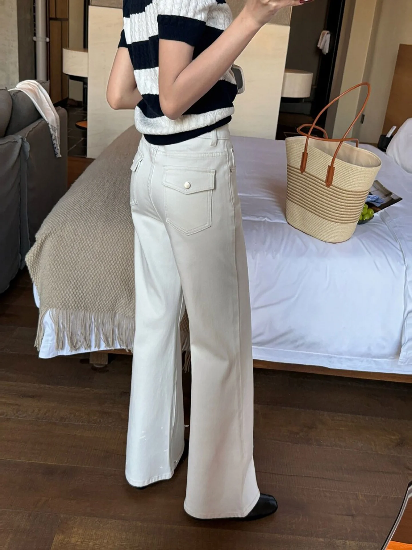 

Джинсы-клеш с высокой талией в американском стиле, женские прямые свободные облегающие эластичные повседневные универсальные длинные брюки