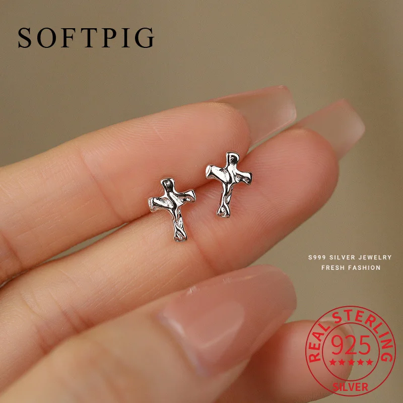

SOFTPIG Real 925 Sterling Silver Irregular Cross Stud Earrings for Women Cute Fine Jewelry Minimalist Geometry Accessories