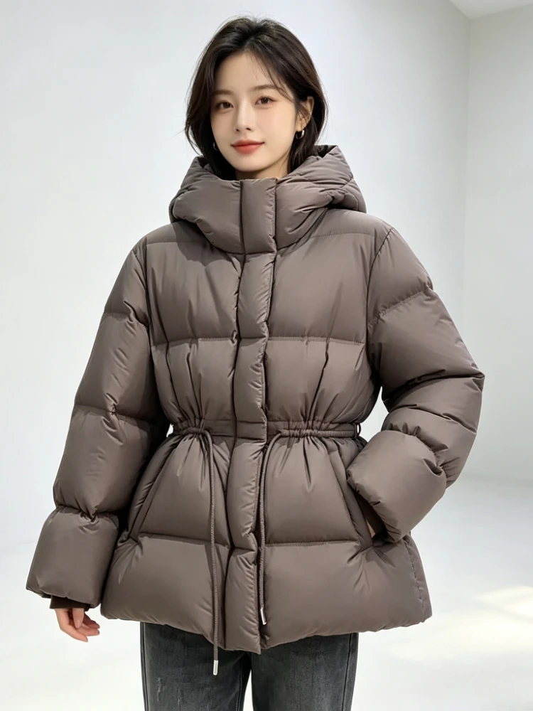 Winter Women's Hoody Drawstring Slim Waist Simple Parkas Small Fellow Warm Femme Jacket Plaid Ruched Loose Soft Coat Clothing