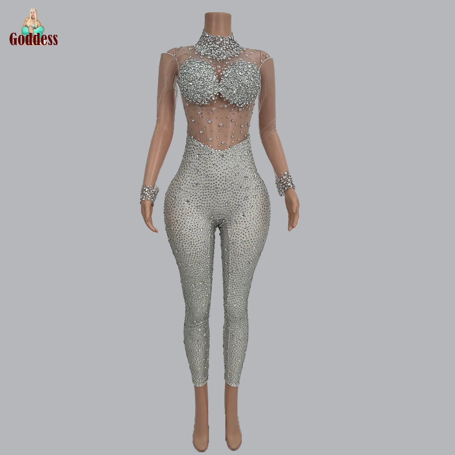 

Sexy Sheer Mesh Long Sleeved Jumpsuit Sparkly Rhinestone Leggings Bodycon Bar Stage Performance Costume Nightclub Show for Women