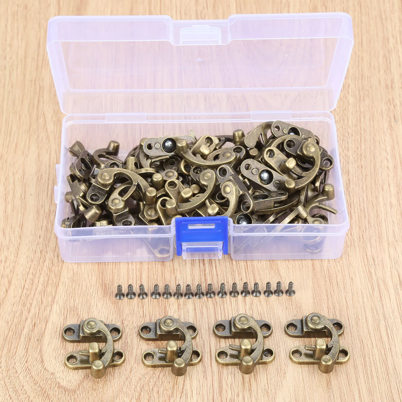 40Pcs Antique Solid Bronze Decorative Latch Hasps Clasps Buckle Wood Jewelry Box Padlock + Storage Box + 160Pcs Screws 29*33mm
