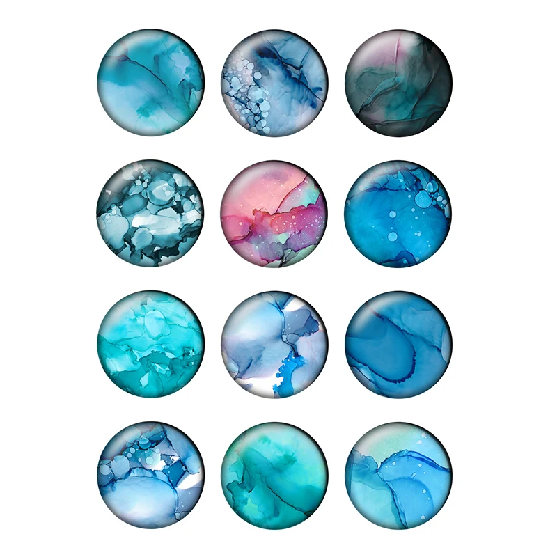 24pcs Watercolor Glass Cabochon Blue Green Grey Color Patterns Round Photo Glass Cabochon Demo Flat Back Making Findings H055