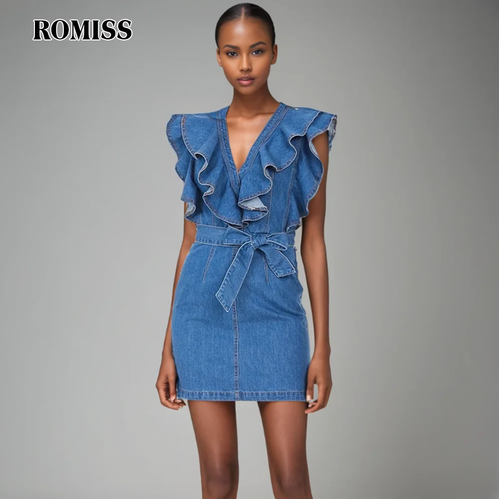 ROMISS Denim Folds Dresses For Women V Neck Sleeveless High Waist Patchwork Zipper Ruffles Dress Female Summer Fashion New