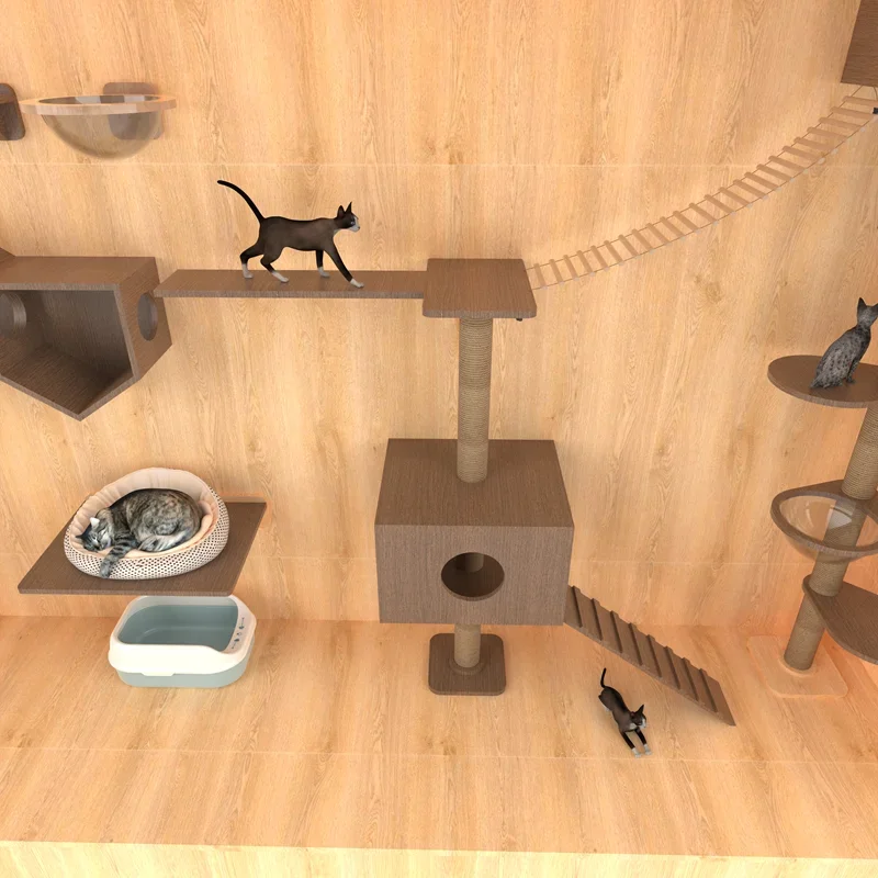 Lit de luxe pour animaux de compagnie de style rustique avec tour d'arbre à chat intégrée, cadre d'escalade à gratter en bois, magasins de freins, meubles pour chats